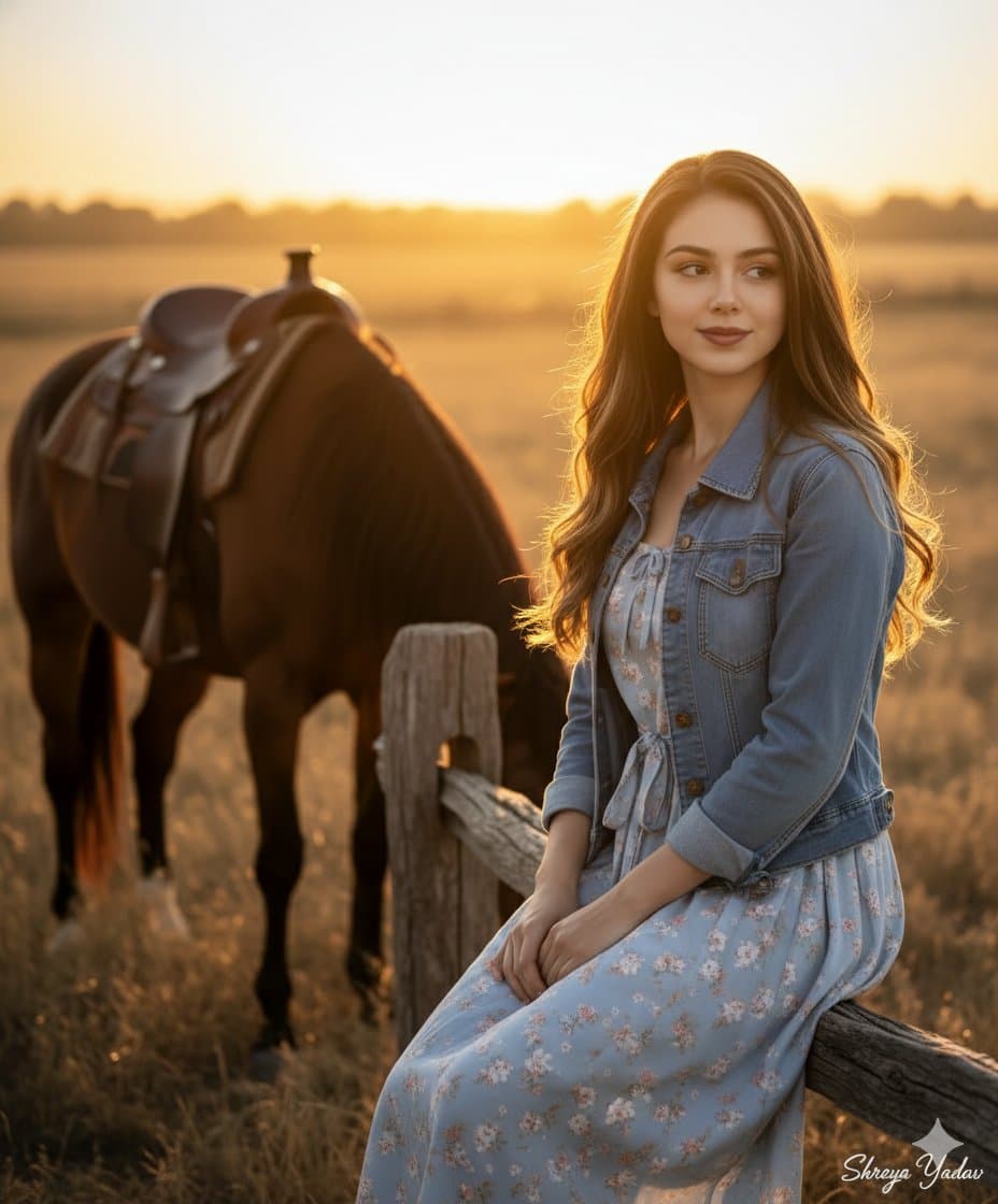 Hyper-realistic 8K editorial frame, model sitting gracefully on rustic wooden...