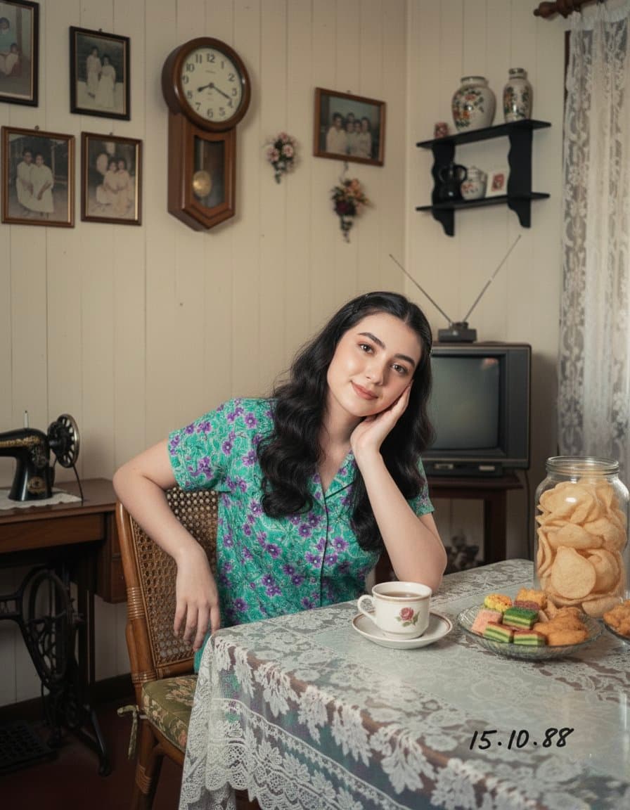A young Asian woman seated in a cozy 1980s family kitchen, recreated in a pho...