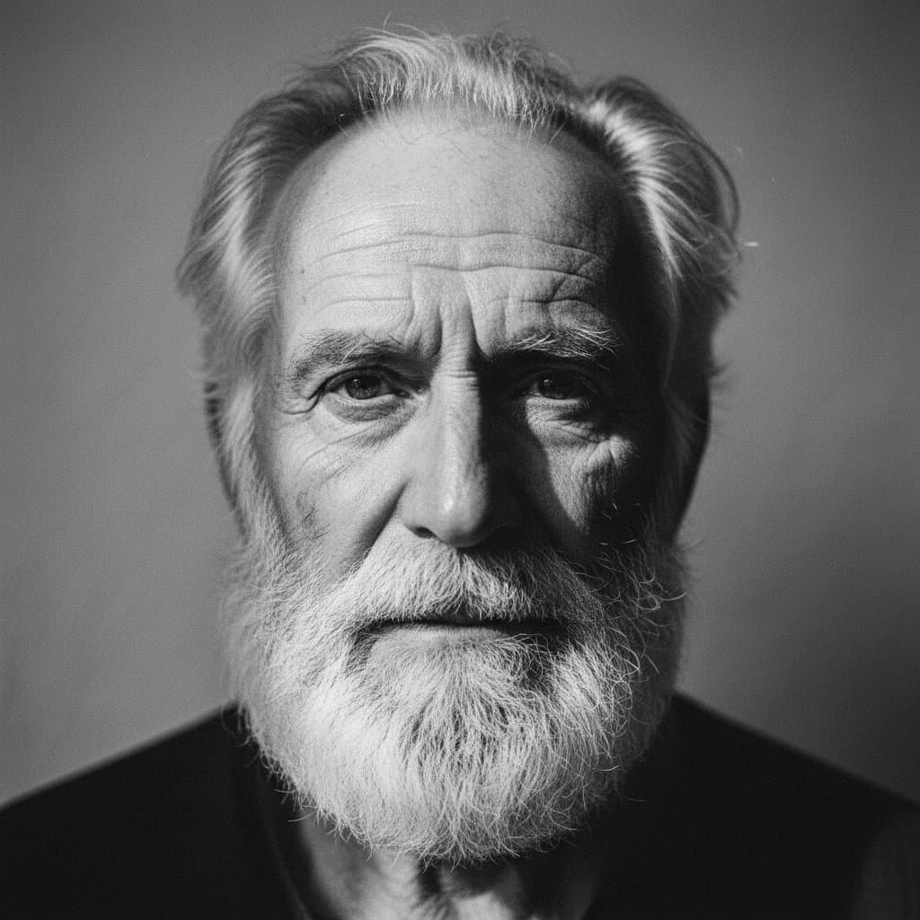 Black and white portrait of an elderly bearded man, full face, deep set eyes,...