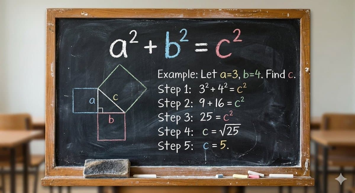 Generate an image of a classroom blackboard with the Pythagoras theorem being...
