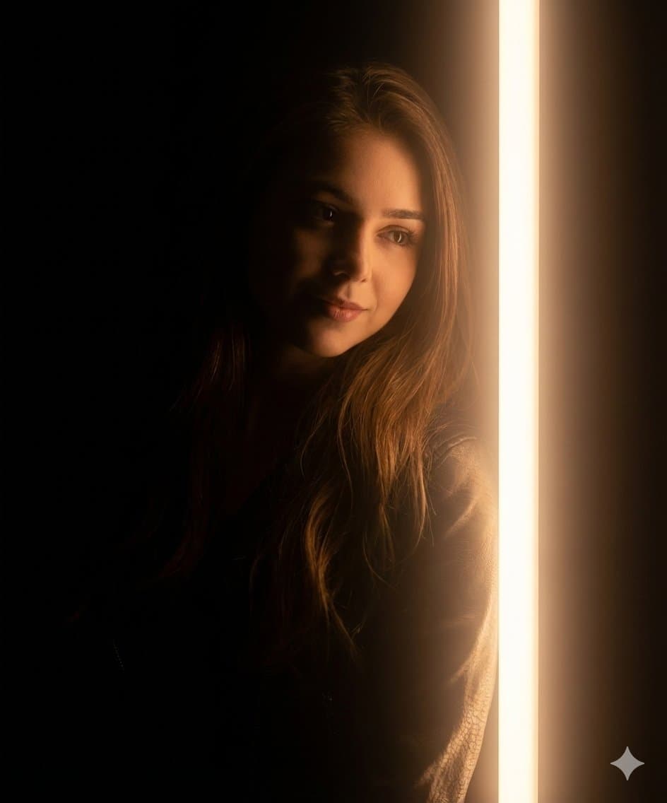 A woman leaning slightly toward a softly glowing vertical light bar, half of...