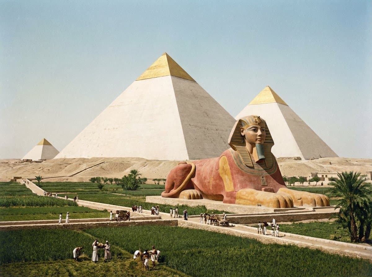 a photo of the pyramids and sphinx, but how they looked when they were origin...