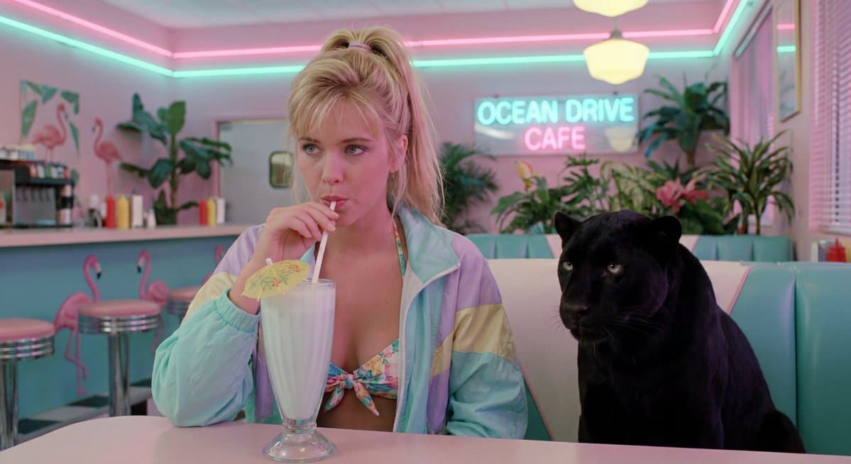 Cinematic photograph of a stylish young blonde woman in a bikini, with a blac...