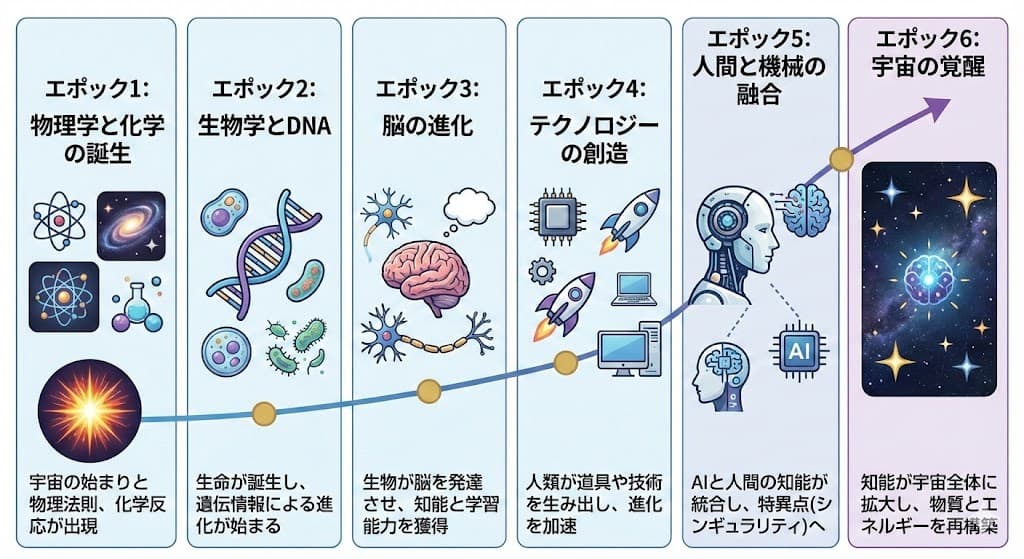 レイ・カーツワイル氏の「6つのエポック」説について日本語で解説する画像を作ってください