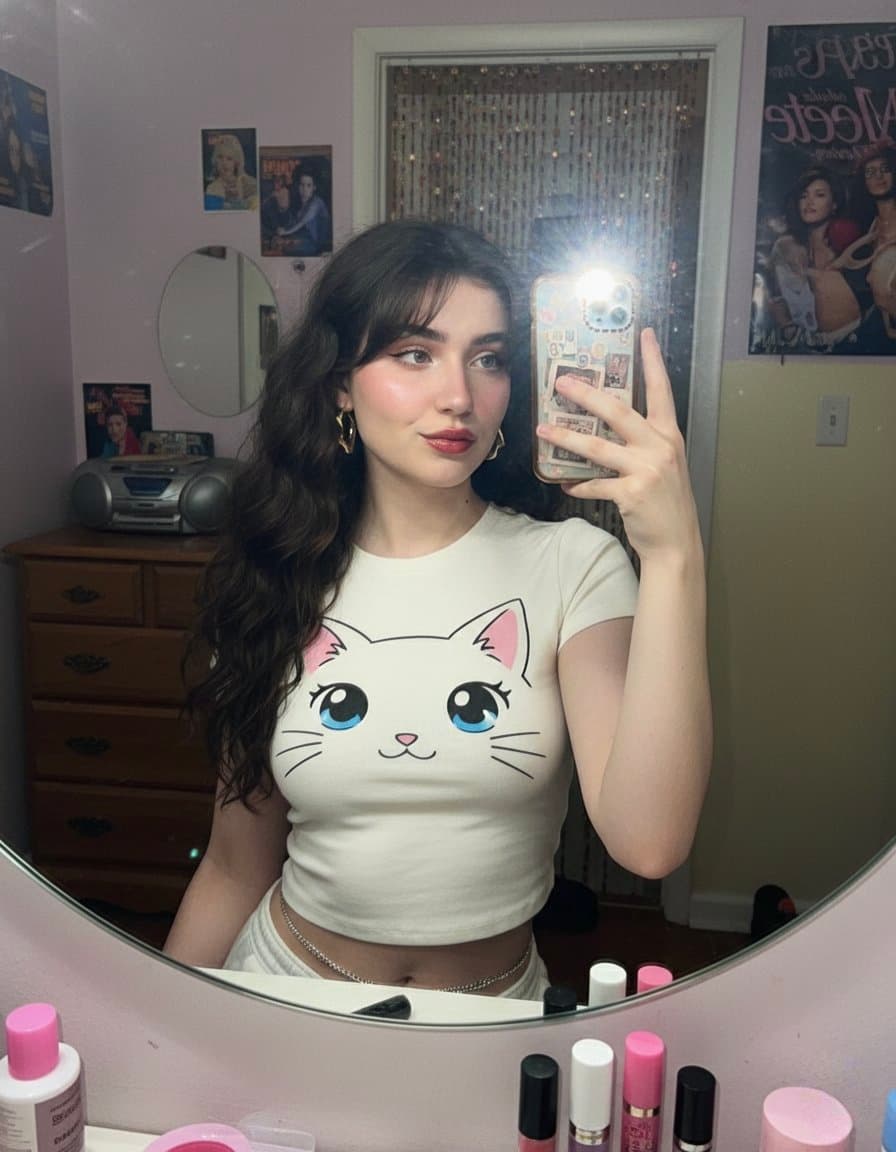 A young woman taking a mirror selfie with very long voluminous dark waves and...