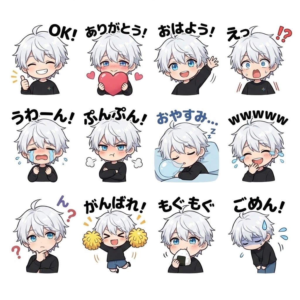 添付画像のキャラクターをちびキャラにして。LINEスタンプを作成。表情・ポーズ別・セリフ入で12種類。