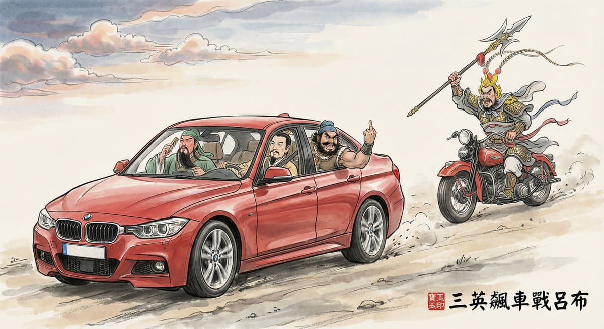 绘制一幅古今混搭幽默水墨插画，主题为《三英飙车战吕布》： 画面为黄昏时分，天空云霞绚丽，大片留白凸显意境； 刘备、关羽、张飞三人乘坐一辆疾驰的红色双排座宝...