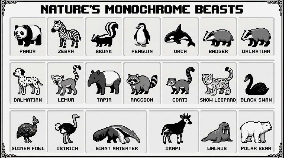 A 16-bit pixel art poster showcasing all the black and white animals of natur...