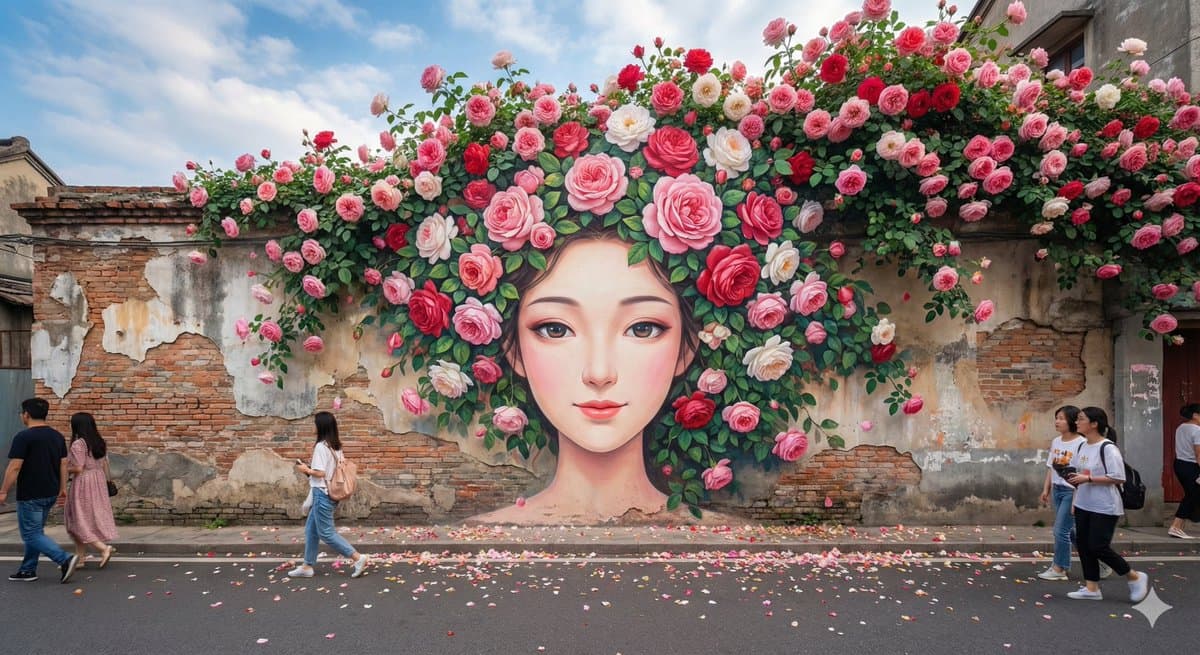 一幅超高清晰度、摄影质感极强的街头壁画，画面呈现强烈的中国风韵味。 画中描绘着一位绝美的卡通风女子正面特写头像，她神态柔美而宁静。墙体顶部被一大片盛开的蔷...