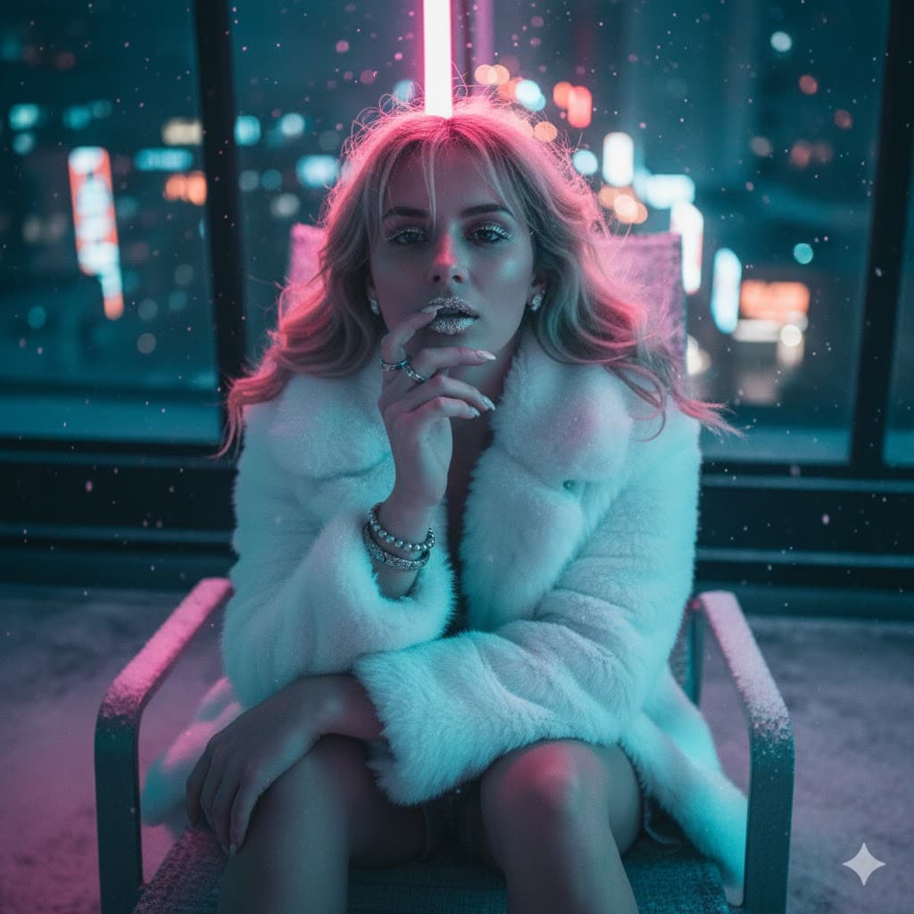 Her eyes. Reflecting blurred city lights below.