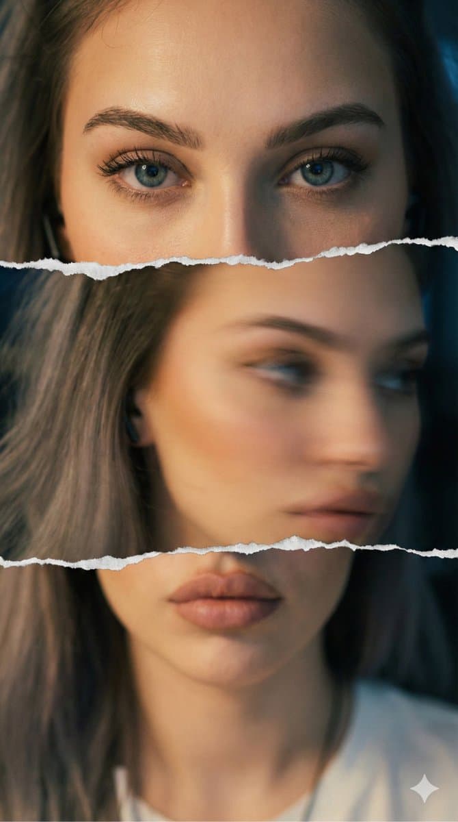 fragmented triptych portrait.