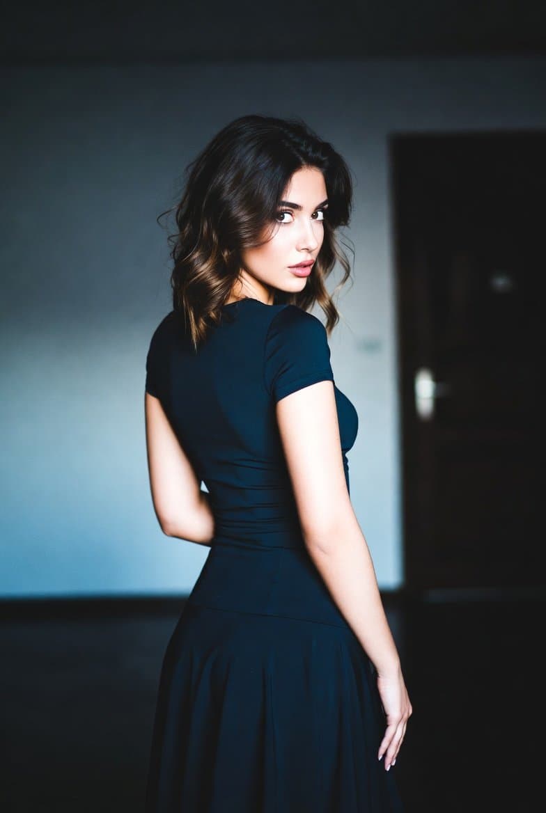 A professional portrait photograph captures a young woman with dark, wavy, sh...