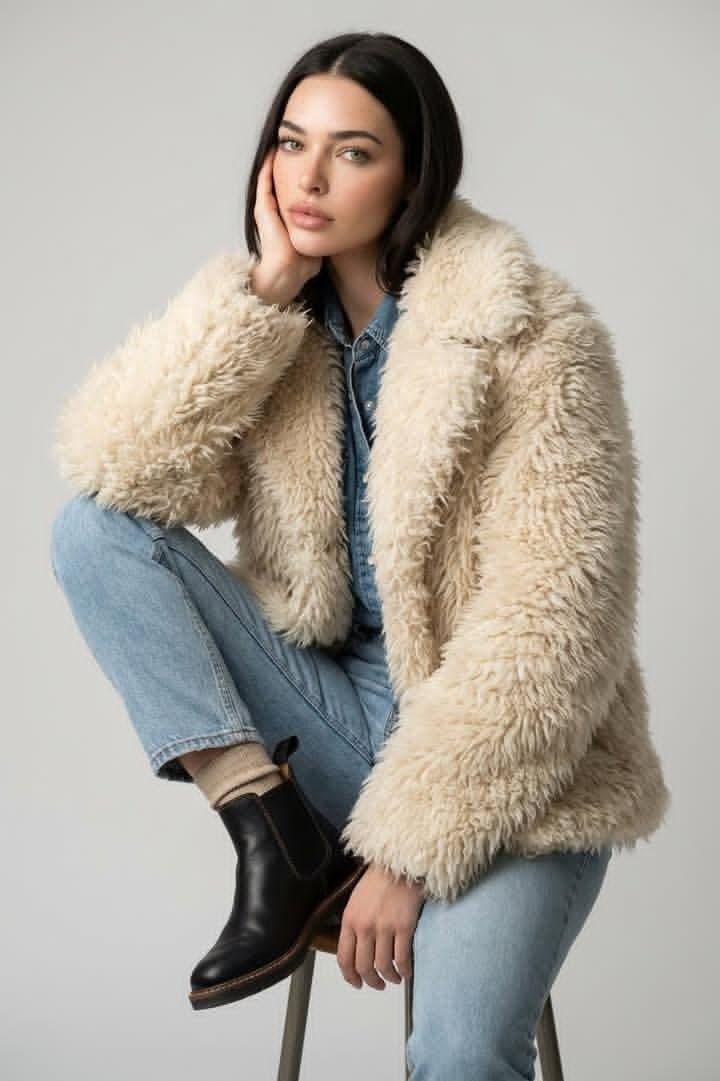 Editorial fashion photo, medium portrait, seated model wearing a cream shearl...