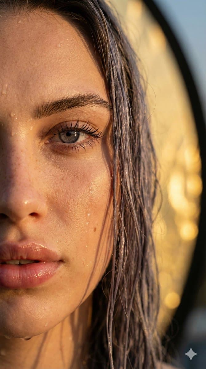 Hyper-realistic Close-up Portrait (Wet Skin, Golden Hour).