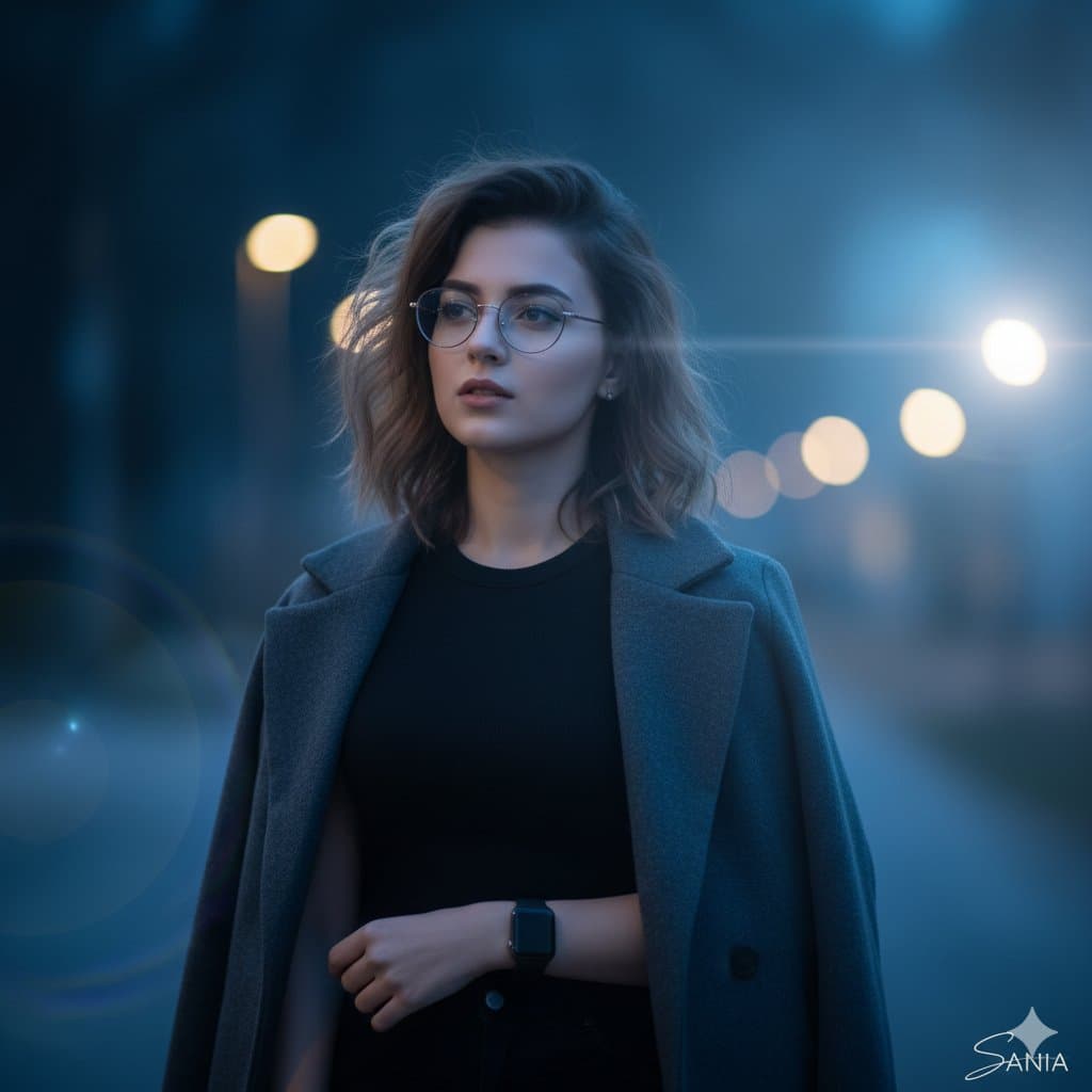 Ultra-realistic cinematic portrait of a girl, standing alone in quiet after-e...