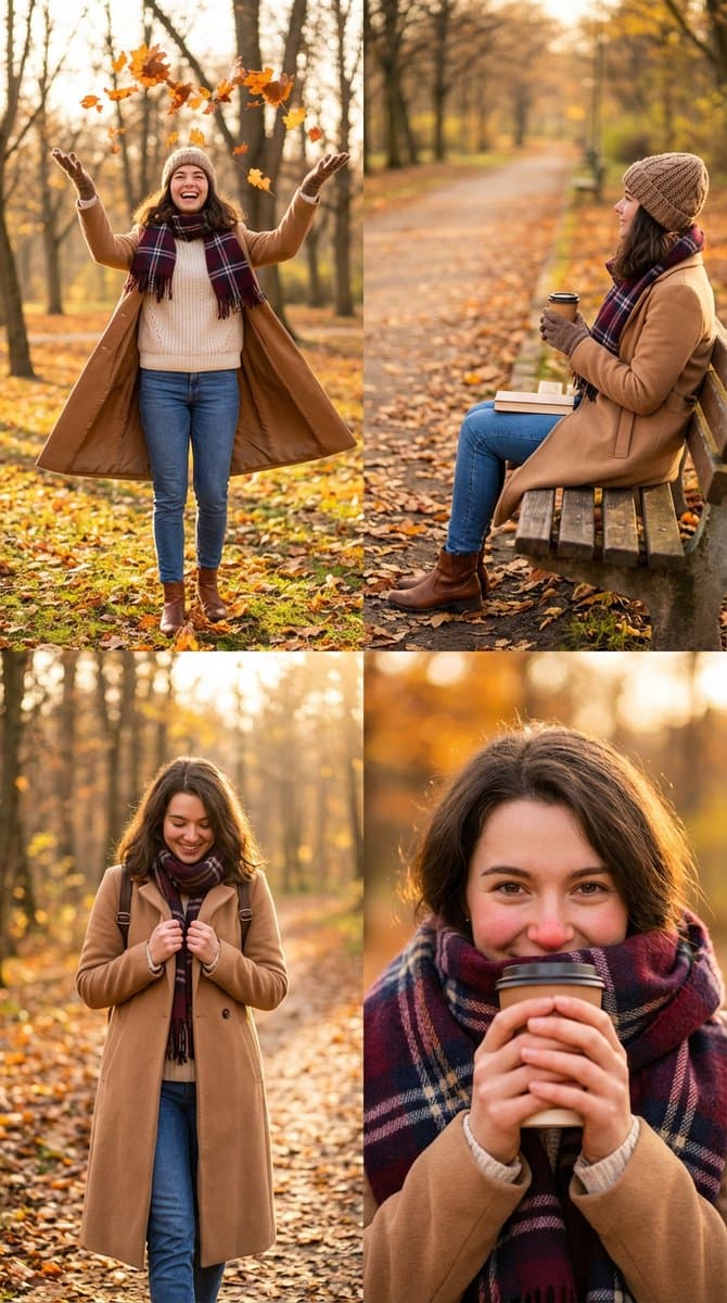 A cohesive 4-panel fashion lifestyle collage featuring the same young woman i...