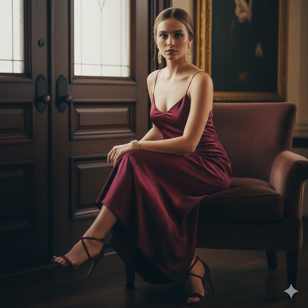 A striking, fashion-forward portrait of a young woman looking over her should...
