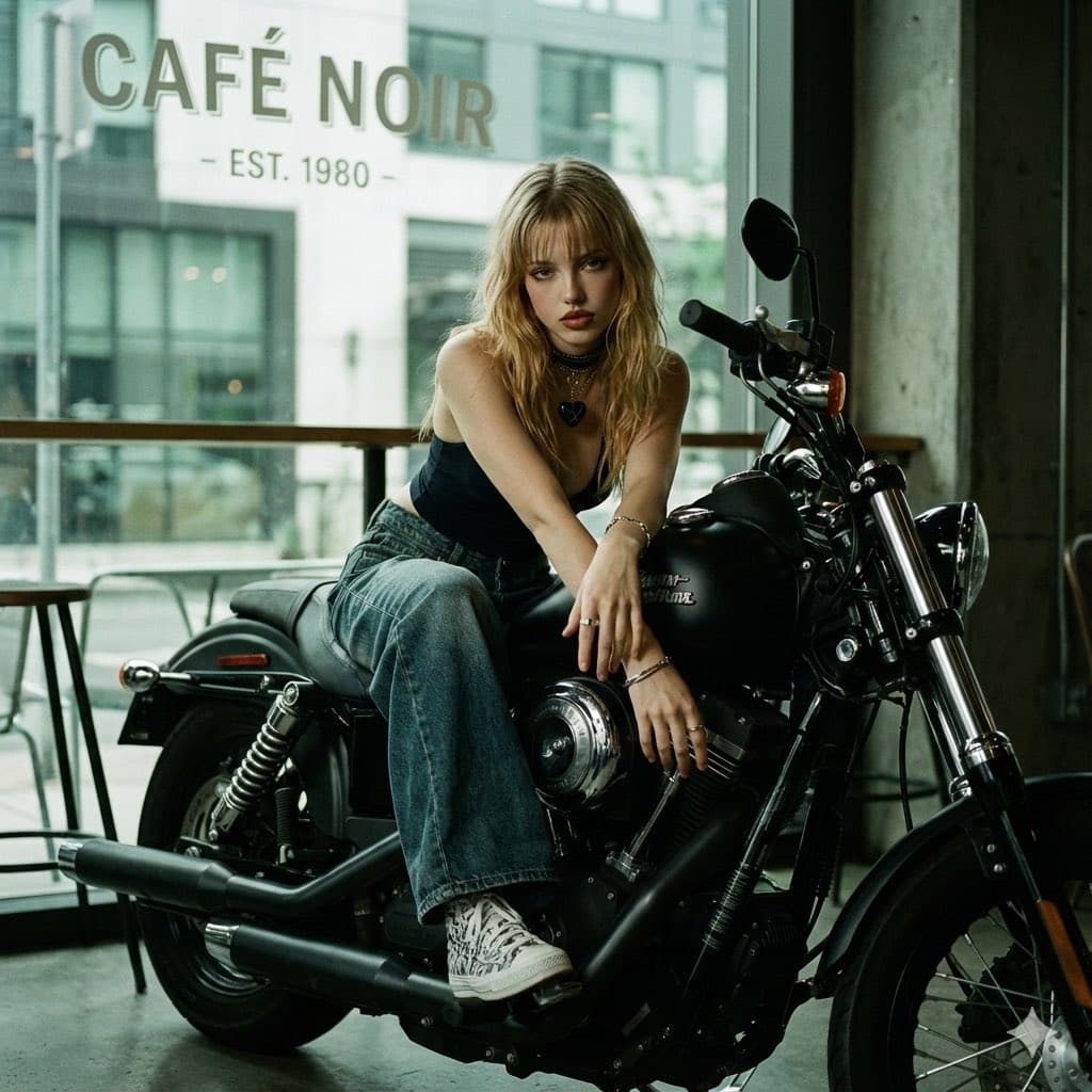 1:1. 1200x1200px. full-length portrait of a young androgynous biker woman.