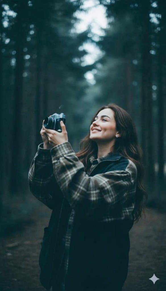 Soft-lit but dark 90s portrait, Dutch angle, a 23-year-old woman standing und...