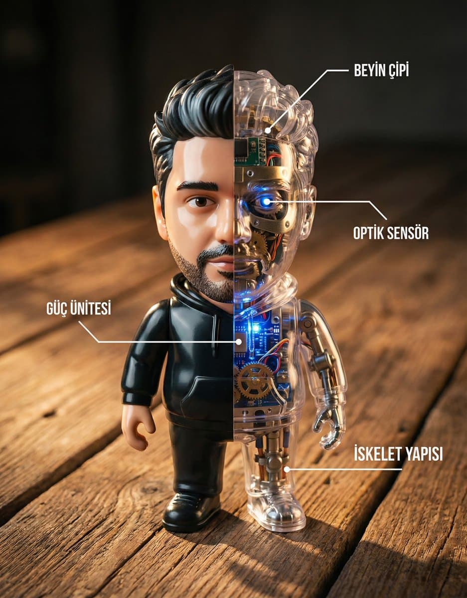 A detailed macro photograph on a wooden table shows a single toy figure of th...