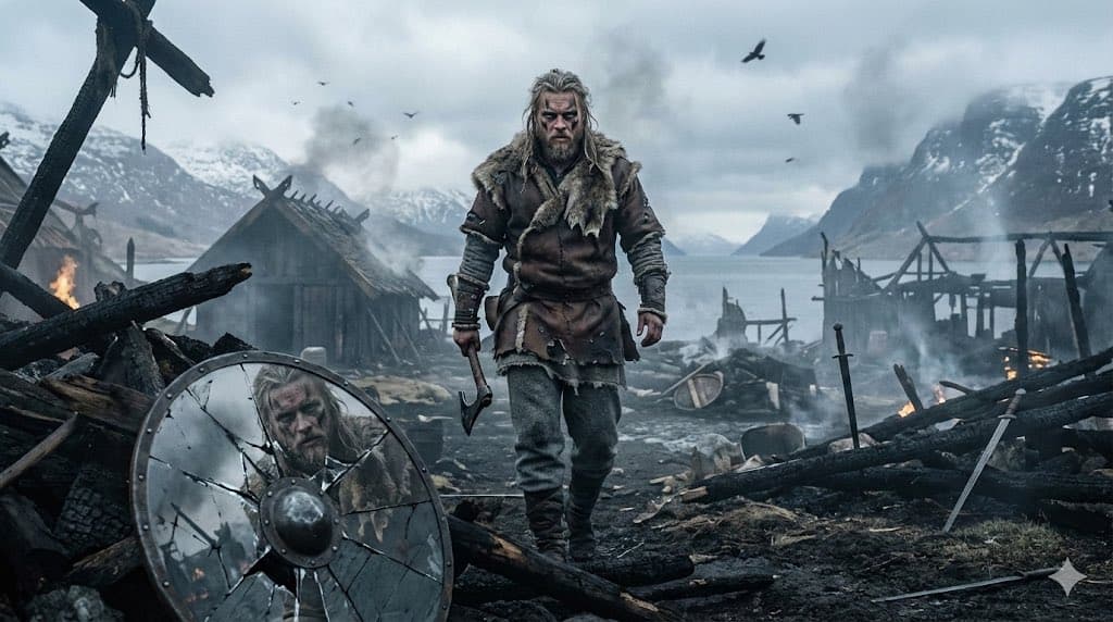 A lone Viking survivor trekking through a burned Viking village