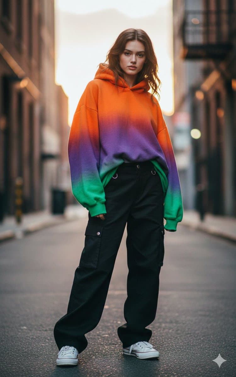 A stylish urban fashion photograph showcasing a modern outfit with an oversiz...