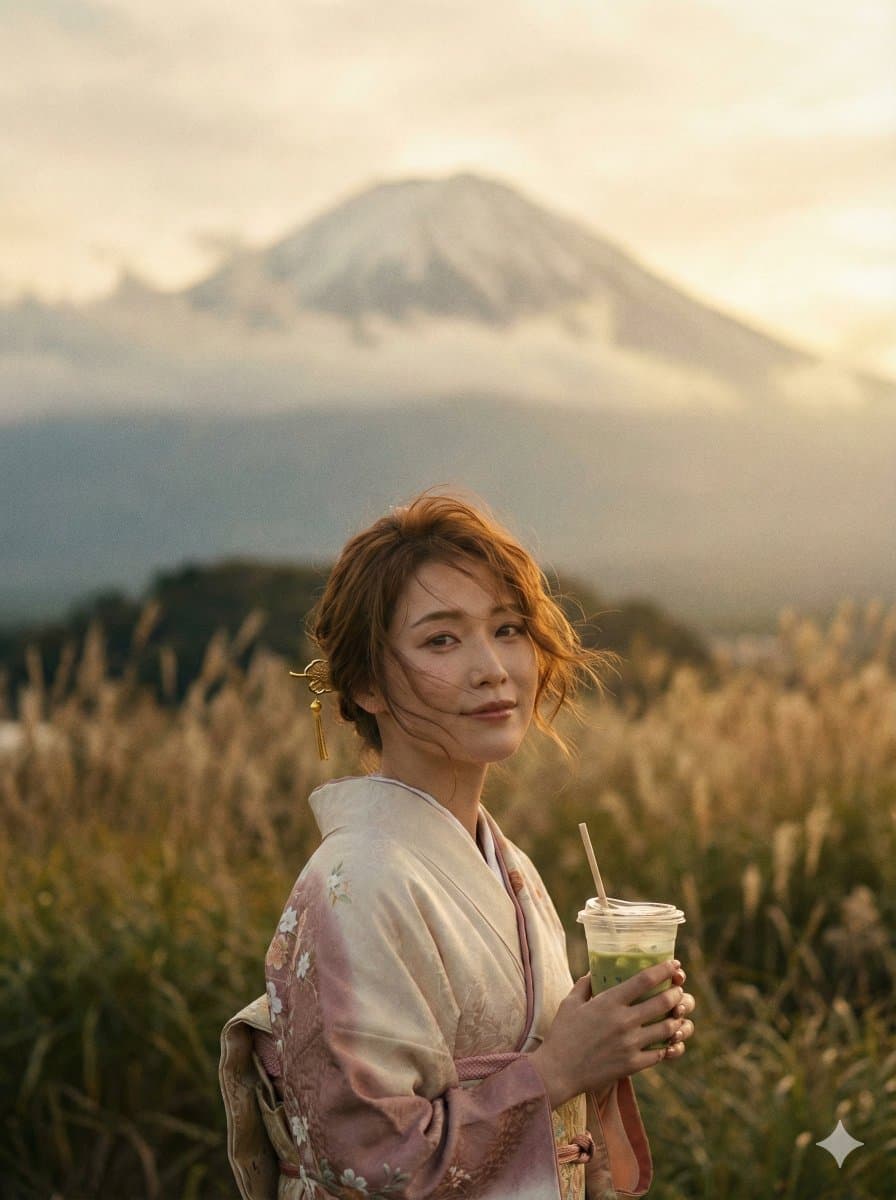 25-year-old Japanese woman with a curvaceous figure, standing in a meadow bef...