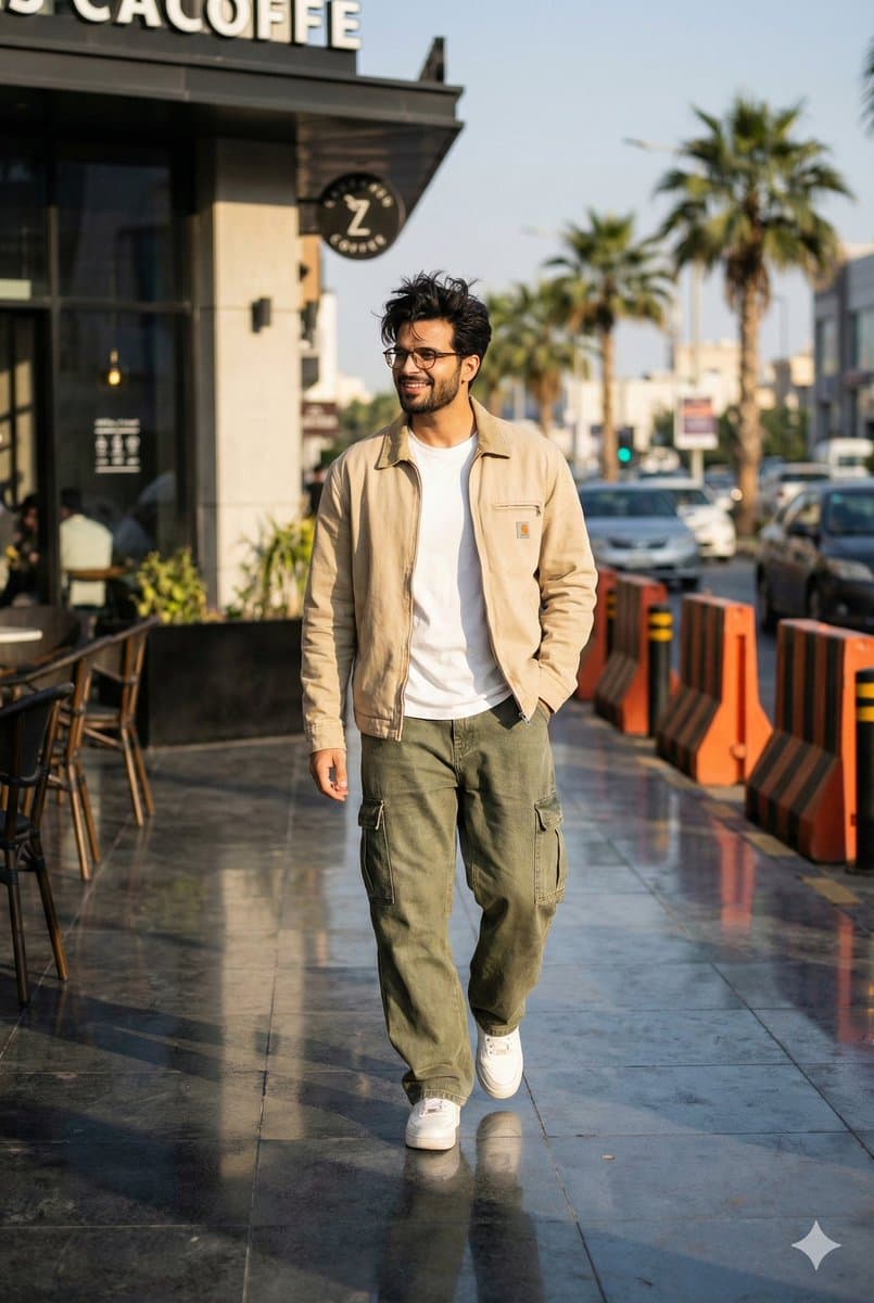 Generate an ultra-realistic street-fashion portrait of a young man walking co...