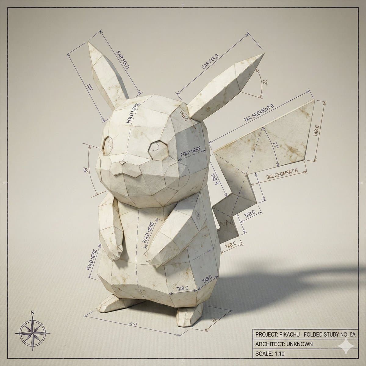 A hyper-detailed folded-paper blueprint of [character]