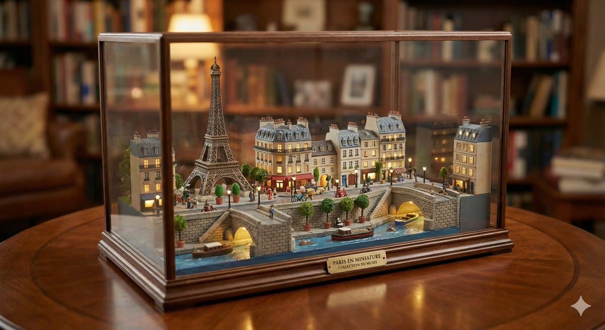 A miniature diorama of [CITY], condensed into a tiny tabletop world.