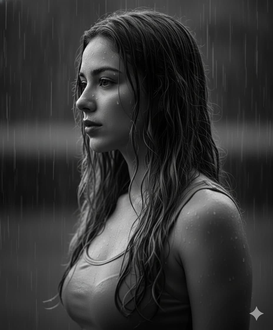 A dramatic black-and-white close-up portrait of a woman standing in the rain.