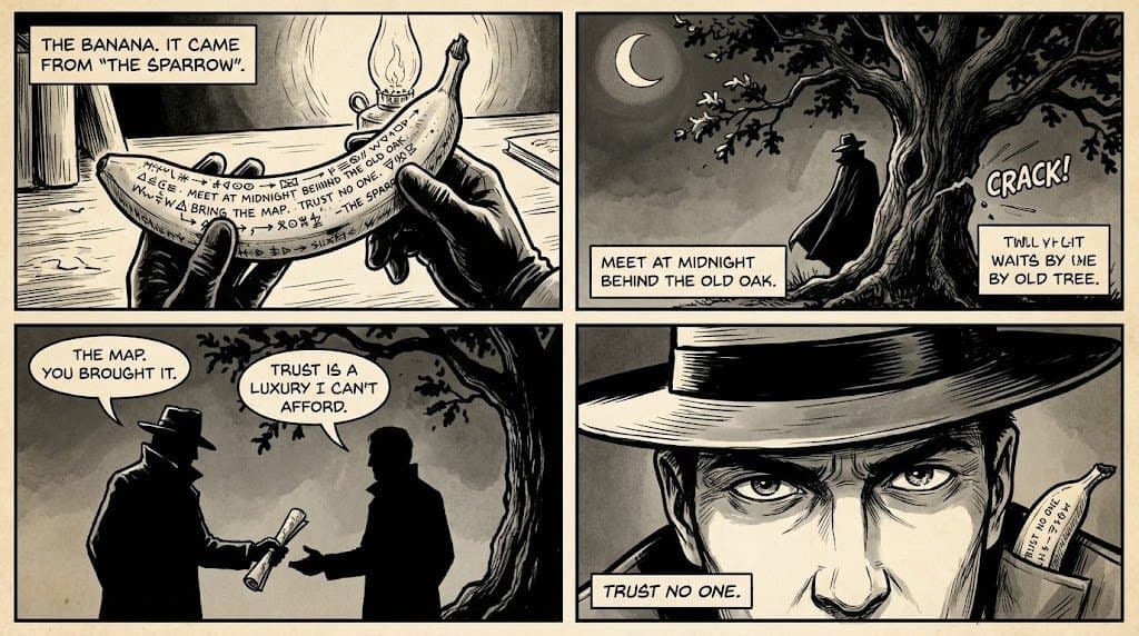 Create a visual in the style of a comic strip based on the secret message"