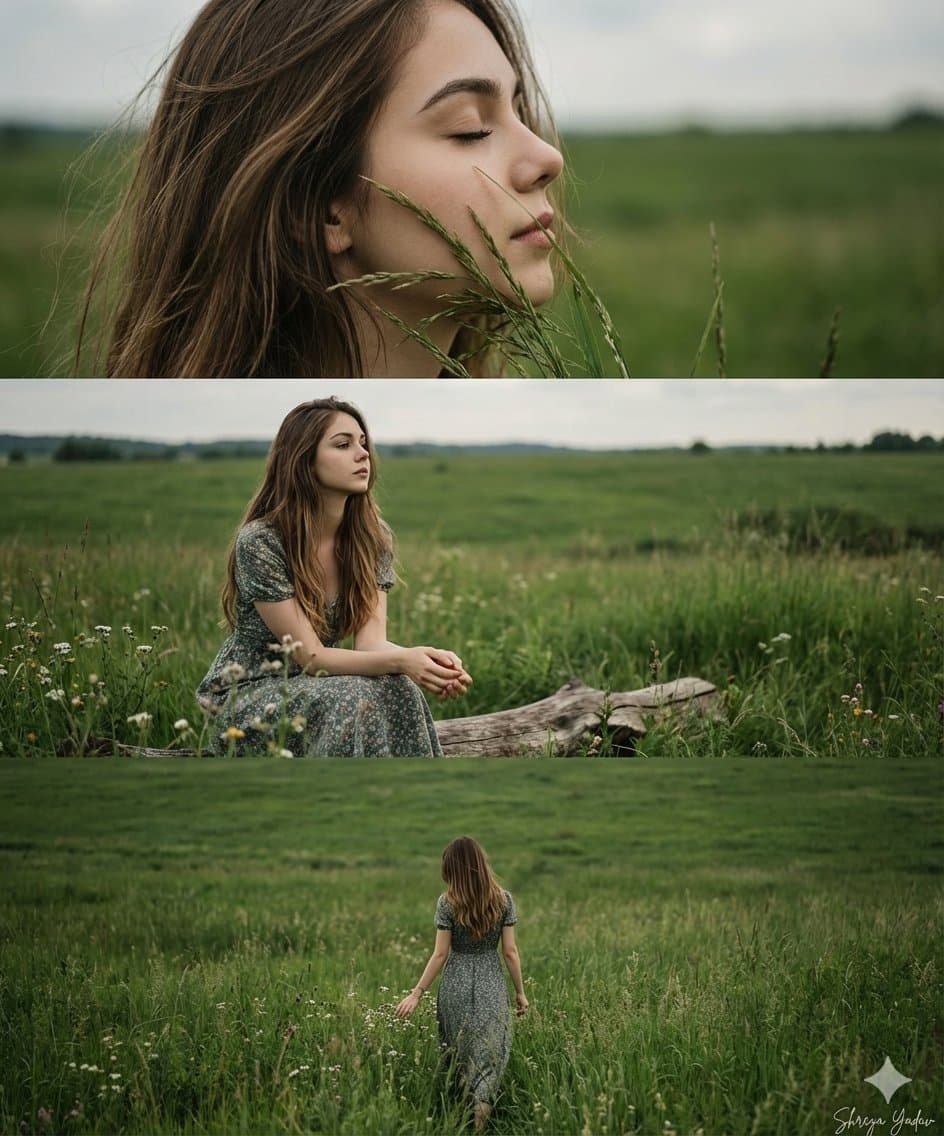 "Objective": "Generate a cinematic 3-frame collage using the facial features ...