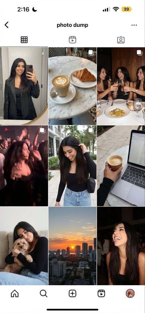 Generate a 9-image ‘photo dump’ grid of this person’s weekend: a mirror selfi...