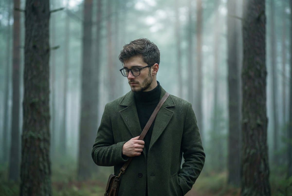 Solitary person walking through a dense pine forest.