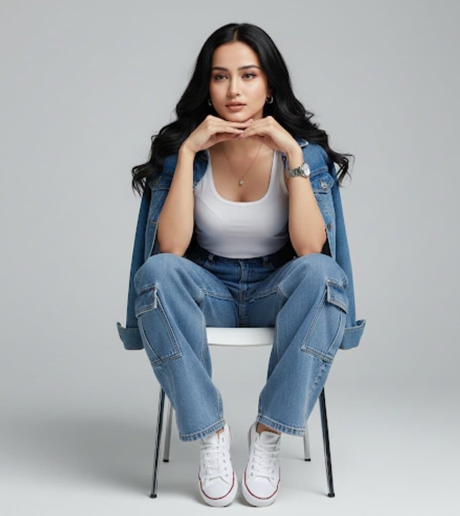 A full-body portrait of a young woman sitting on a white modern chair against...