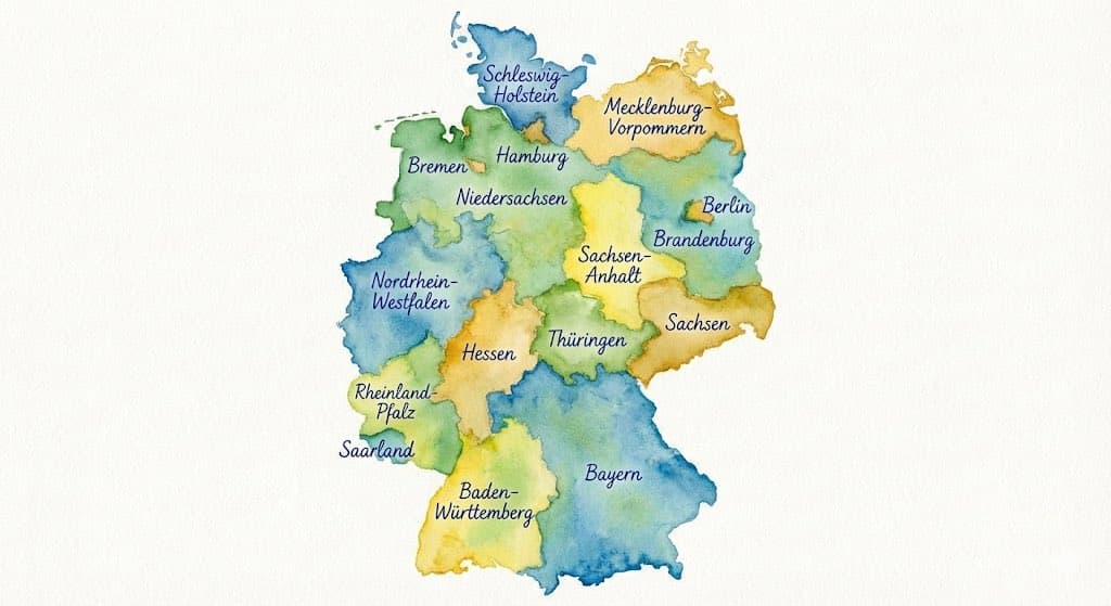 Erzeuge eine Karte von Deutschland im Wasserfarben-Stil, auf der alle Bundesl...