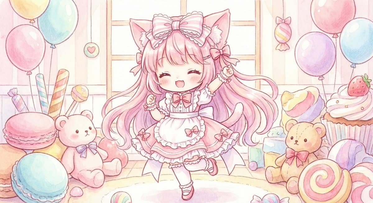 カワイイ猫耳少女のイラストを生成して。ちびきゃら風で、フリフリのお洋服を着せて、ロングヘアーのピンク色の髪にして。