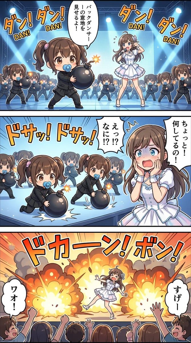 構図:3つのフレームに分割された「高精細ストーリーアート」。 背景はフルカラーの背景美術品質。 キャラクターは高密度のディテール描写。吹き出しでキャラクタ...