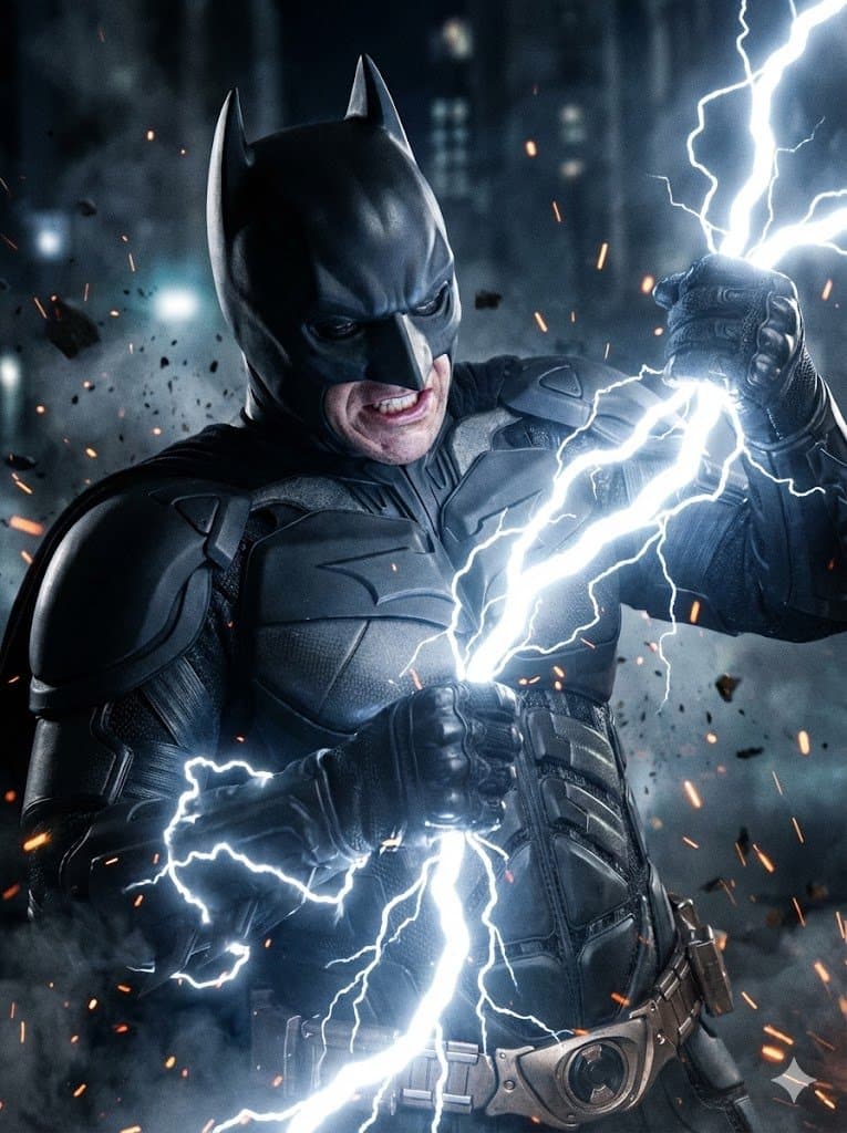 A close-up, medium shot captures a man dressed as Batman, appearing to be in ...