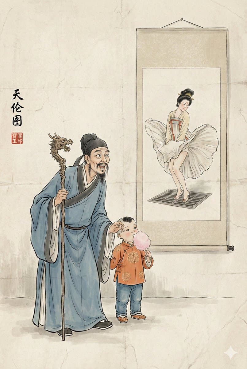 《天伦图》趣味水墨画,画中画结构,竖幅宣纸质感背景。画面主体: 一副竖幅宣纸画轴挂在墙上,一位传统的明清风格老儒生,青袍长袖,手持龙头杖,正处于目瞪口呆的...