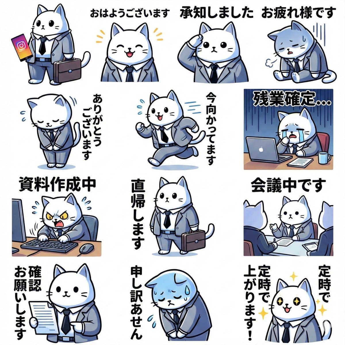 添付画像のキャラクターでLINEスタンプを作成してほしい。表情・ポーズ・セリフが異なる形で全12種類。〇〇系のセリフで使いやすいものでお願い。