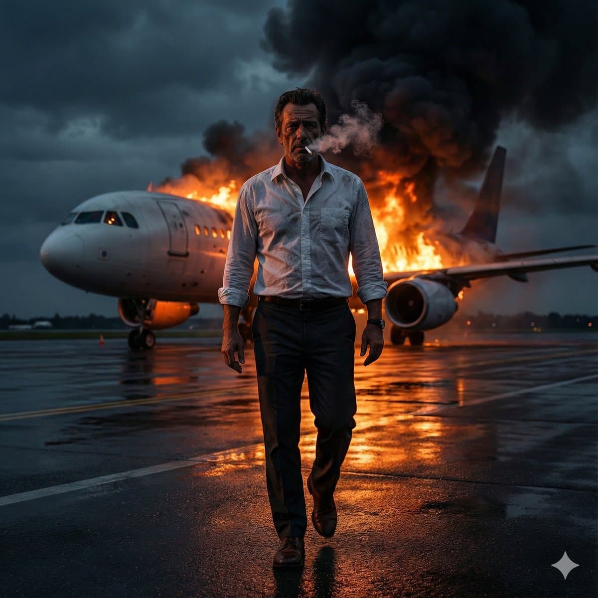 Ultra-realistic portrait of a man walking toward the camera on an airport run...