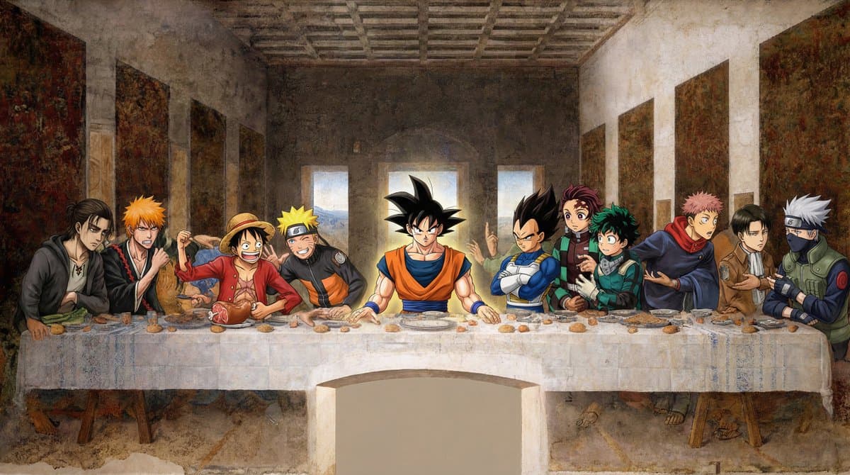 Recreate the composition of Leonardo da Vinci’s The Last Supper, but with ico...