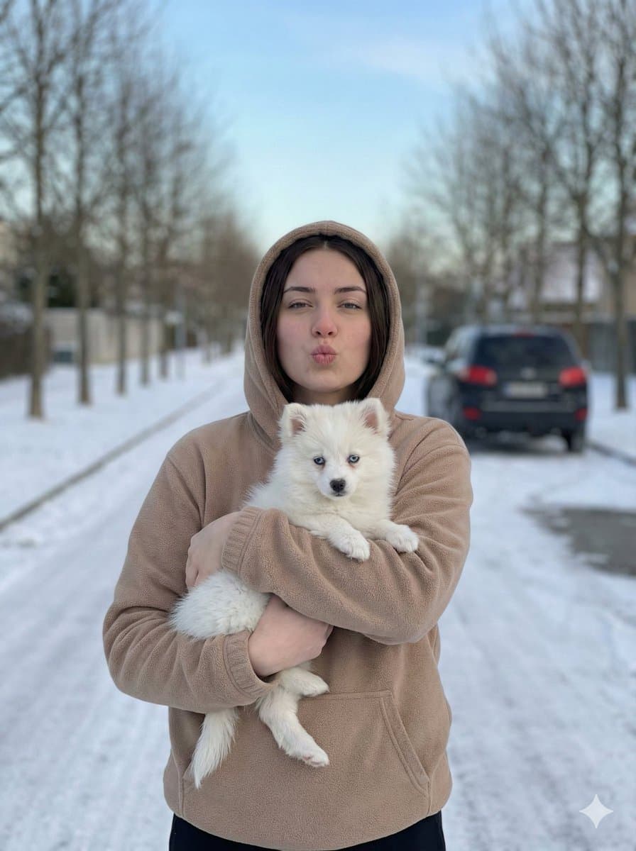 Create a natural winter portrait featuring a young woman and her small puppy...