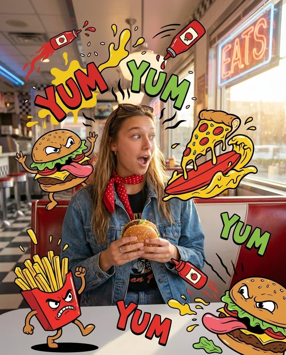 A vibrant, mixed-media masterpiece featuring a photorealistic girl eating at...