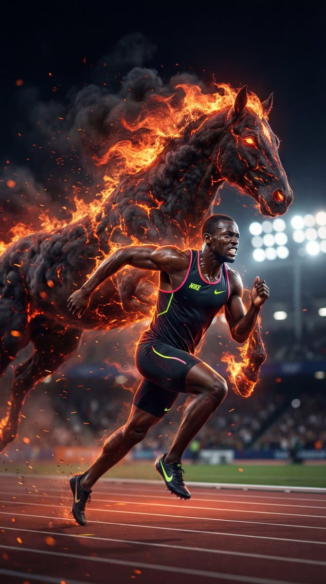 A surreal, high-octane cinematic concept art piece featuring an elite sprinte...