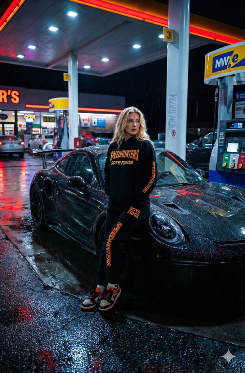 gas station. night. black Porsche GT3 RS.