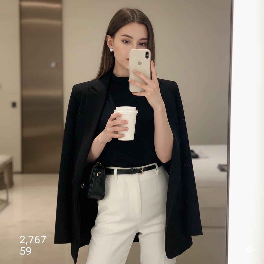 An ultrarealistic 8K HD cinematic photo of a young woman taking a mirror self...