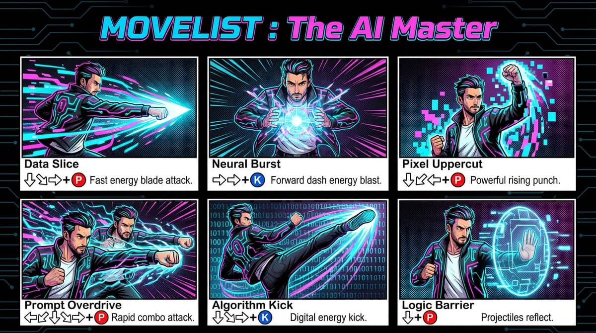 infographic for a fighting game showing the complete moveset of an AI-powered...